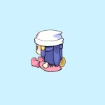  1girl angry beanie boots chibi commentary hikari_(pokemon) english_commentary full_body hair_ornament hairclip hat highres long_hair nob_uwu pink_footwear pokemon pokemon_(game) pokemon_bdsp purple_hair simple_background sitting solo v-shaped_eyebrows white_headwear yellow_bag 