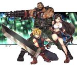  1girl 2boys arm_cannon barret_wallace beard black_hair black_skirt blonde_hair breasts brown_footwear buster_sword cleavage clenched_hands closed_mouth cloud_strife crop_top dark-skinned_male dark_skin earrings facial_hair fighting_stance final_fantasy final_fantasy_vii fingerless_gloves full_body gloves holding holding_sword holding_weapon jewelry large_breasts leg_up long_hair looking_away low-tied_long_hair miniskirt multiple_boys navel pauldron prosthesis prosthetic_arm prosthetic_weapon single_pauldron skirt sleeveless spiky_hair suspender_skirt suspenders sword tama_(tmfy5) tank_top tattoo tifa_lockhart weapon white_tank_top 