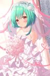  1girl bangs bare_shoulders blush bouquet bridal_veil closed_mouth double_bun dress flat_chest flower frilled_dress frills green_hair hair_ornament highres holding holding_bouquet hololive kanti15 looking_at_viewer off-shoulder_dress off_shoulder red_eyes short_hair sidelocks skull_hair_ornament smile solo uruha_rushia veil virtual_youtuber wedding_dress white_dress 
