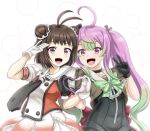  2girls antenna_hair black_gloves black_neckwear bow breasts brown_eyes brown_hair bubble_background cowboy_shot double_bun eyebrows_visible_through_hair gloves green_hair green_ribbon grey_sailor_collar hair_between_eyes heart heart_hands highres idol kantai_collection long_hair looking_at_viewer momo_(kancolle) multicolored_hair multiple_girls naka_(kancolle) neck_ribbon necktie open_mouth pink_hair red_bow remodel_(kantai_collection) ribbon sailor_collar school_uniform serafuku short_sleeves small_breasts smile tk8d32 twintails two-tone_hair v violet_eyes white_background white_gloves white_sailor_collar 