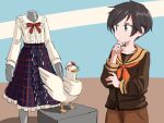  1girl bangs bird black_hair blouse blue_skirt brown_sailor_collar brown_serafuku brown_shirt brown_shorts cowboy_shot crossover duck english_commentary frilled_blouse green_eyes hololive kantai_collection long_sleeves look-alike mannequin mogami_(kancolle) multicolored multicolored_background one-hour_drawing_challenge orange_neckwear plaid plaid_skirt remodel_(kantai_collection) sailor_collar school_uniform serafuku shirt short_hair shorts sixten skirt standing subaru_duck swept_bangs white_blouse 