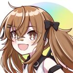  1girl :d ahoge bandaid bandaid_on_nose bangs bare_shoulders bow brown_eyes brown_hair girls_frontline hair_between_eyes hair_bow hair_ornament hairclip long_hair looking_at_viewer official_alternate_costume open_mouth scar scar_across_eye shirt sidelocks smile solo twintails ump9_(girls_frontline) upper_body white_shirt younger yuki_shiro 