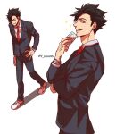  1boy bangs black_hair black_suit collared_shirt commentary dress_shirt formal full_body grin haikyuu!! hair_over_one_eye hand_on_hip highres kuroo_tetsurou male_focus multiple_views red_neckwear shirt shoes short_hair smile sneakers sparkle suit teeth twitter_username watch watch white_background white_shirt y_nina95 