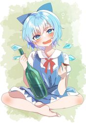  1girl blue_dress blue_eyes blue_hair blush bottle bow cirno cup dress full_body grey_background hair_bow head_tilt highres holding holding_bottle ice ice_wings ochazuke open_mouth sakazuki short_hair simple_background sitting smile solo touhou wings 