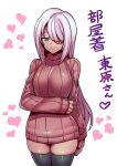  1girl blue_eyes breasts closed_mouth eyepatch higashihara_(higashihara_channel) highres indie_virtual_youtuber long_hair looking_at_viewer simple_background smile solo sweater thigh-highs tukiwani turtleneck turtleneck_sweater virtual_youtuber white_background 