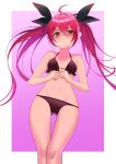  1girl absurdres ahoge bangs bikini bikini_pull black_bikini black_bow border bow closed_mouth clothes_pull collarbone date_a_live eyebrows_visible_through_hair flat_chest floating_hair frown gradient gradient_background groin hair_between_eyes hair_bow hair_intakes highres itsuka_kotori long_hair looking_at_viewer navel outside_border pajaaa18 pink_background red_eyes redhead shiny shiny_hair shiny_skin solo swimsuit thigh_gap twintails very_long_hair white_border 