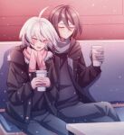  2boys :d ahoge bangs black_jacket black_sweater blush brown_hair brown_scarf cheer_(cheerkitty14) closed_eyes crossed_legs cup dangan_ronpa_(series) dangan_ronpa_v3:_killing_harmony disposable_cup fur_trim grey_hair grey_scarf highres holding holding_cup jacket keebo long_sleeves male_focus multiple_boys open_clothes open_jacket open_mouth pants saihara_shuuichi scarf shiny shiny_hair short_hair sitting sleeves_past_wrists smile sweater table 