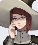  1girl closed_mouth cm_lynarc fire_emblem fire_emblem_awakening glasses grey_background hair_ornament hands_on_own_face hat looking_at_viewer medium_hair miriel_(fire_emblem) red_eyes redhead solo turtleneck upper_body witch_hat 