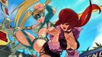  2girls alex_ahad ass-to-ass blonde_hair boots breasts clothing_cutout commentary crossover domino_mask hair_over_eyes heart_cutout large_breasts lipstick long_hair makeup mask multiple_girls rainbow_mika shermie_(kof) smile street_fighter street_fighter_zero_(series) sweat the_king_of_fighters the_king_of_fighters_xv twintails white_footwear 