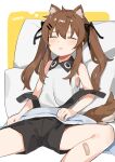  1girl animal_ears bandaid bandaid_on_leg bare_shoulders black_ribbon black_shorts blush bow brown_hair character_name commentary_request girls_frontline hair_between_eyes hair_bow hair_ornament hair_ribbon hairclip highres kemonomimi_mode long_hair messy_hair official_alternate_costume parted_lips pillow ribbon shirt short_hair shorts sleeping solo spread_legs tail twintails ump9_(girls_frontline) white_shirt younger yuki_hotaru 