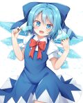  1girl :d blue_bow blue_dress blue_eyes blue_hair bow bowtie cirno commentary_request dress eyebrows_visible_through_hair food hair_bow holding holding_food ice ice_wings looking_at_viewer open_mouth popsicle red_neckwear rururiaru short_sleeves simple_background smile solo touhou white_background wings 