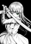  1girl bangs black_background deadnooodles eyebrows_visible_through_hair green_eyes greyscale hair_ornament hairclip hands_up highres holding holding_sword holding_weapon katana kurosawa_dia long_hair long_sleeves looking_at_viewer love_live! love_live!_sunshine!! monochrome solo spot_color sword symbol_commentary weapon 