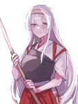  1girl 598teitoku bangs blush bow_(weapon) hair_between_eyes hakama hakama_skirt headband highres holding holding_bow_(weapon) holding_weapon japanese_clothes kantai_collection long_hair muneate one-hour_drawing_challenge red_hakama shoukaku_(kancolle) simple_background smile solo tasuki weapon white_background white_hair 