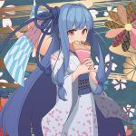  1girl amekaze_yukinatsu blue_hair bow character_request commentary_request copyright_request crepe eating eyebrows_behind_hair floral_background floral_print food food_wrapper fruit hair_bow holding holding_food japanese_clothes kimono light_blush long_hair looking_at_viewer low_tied_hair lowres pink_eyes solo strawberry very_long_hair wide_sleeves 