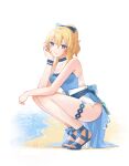  1girl bare_arms bare_shoulders beach blonde_hair blouse bow casual feet full_body genshin_impact hair_bow high_heels highres jean_gunnhildr ji_yue looking_at_viewer ponytail short_shorts shorts simple_background sleeveless smile solo squatting toes white_background 