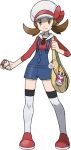  1girl bag blue_overalls bow brown_eyes brown_hair cabbie_hat closed_mouth eyelashes full_body hand_up hat hat_ribbon highres holding holding_poke_ball holding_strap knees long_hair lyra_(pokemon) official_art overalls pigeon-toed poke_ball poke_ball_(basic) pokegear pokemon pokemon_(game) pokemon_hgss red_bow red_footwear red_ribbon red_shirt ribbon shirt shoes smile solo standing sugimori_ken thigh-highs transparent_background twintails white_headwear white_legwear yellow_bag 