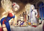  archer_(fate) artoria_pendragon_(all) bangs black_dress black_ribbon blonde_hair blue_dress blue_eyes blush bottle braid breasts chandelier cup dress drinking_glass eating fate/extra fate/extra_ccc fate/grand_order fate/stay_night fate_(series) food french_braid hair_bun hair_ornament hair_ribbon hans_christian_andersen_(fate) helena_blavatsky_(fate) jacket jaguarman_(fate) kouzuki_kei large_breasts long_hair looking_at_viewer medea_(fate) merlin_(fate) miyamoto_musashi_(fate) multiple_boys multiple_girls open_mouth pants pink_hair ponytail ribbon saber_alter sidelocks small_breasts smile swept_bangs table very_long_hair violet_eyes white_hair white_jacket white_pants william_shakespeare_(fate) wine_bottle wine_glass yellow_eyes 