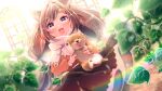  1girl absurdres animal animal_ears bangs blurry blurry_background blurry_foreground blush brown_eyes brown_hair copyright_request dog dutch_angle highres holding holding_animal long_hair looking_at_viewer open_mouth scarf shiba_inu solo swept_bangs thick_eyebrows urara_(sumairuclover) virtual_youtuber 