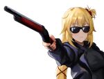  1girl absurdres akai_haato bangs blonde_hair commentary_request cosplay gun hair_ribbon highres holding holding_gun holding_weapon hololive long_hair nail parody ribbon shotgun simple_background solo sunglasses t-800 t-800_(cosplay) terminator_(series) virtual_youtuber weapon white_background yato_(yama0x1) 