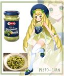  barilla blue_headwear blush bracelet drill_hair food green_eyes green_leotard highres jewelry leaf leaf_in_hair leaf_ornament leotard long_hair looking_at_viewer original pasta personification pesto plate real_life_insert ribbon see-through signature smile thigh-highs trofie_(pasta) very_long_hair white_legwear white_ribbon yuniiho 