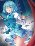  aka_tawashi bangs blue_eyes blue_hair blue_skirt blue_vest breasts geta heterochromia highres holding holding_umbrella juliet_sleeves large_breasts long_sleeves panties pantyshot puffy_sleeves red_eyes shirt short_hair skirt tatara_kogasa tongue touhou umbrella underwear urameshiya vest white_shirt 