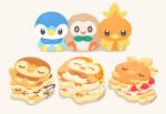  3others adorable banana bird butter chick chocolate_syrup commentary creatures_(company) food fruit game_freak gen_3_pokemon gen_4_pokemon gen_7_pokemon highres icing looking_at_viewer multiple_others nintendo no_humans olm_digital open_mouth owl pancake penguin piplup pokemon rizu_(rizunm) rowlet signature simple_background specie_connection sprinkles strawberry tagme torchic twitter_username white_background 