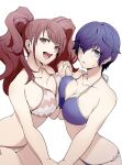  2girls bikini blue_eyes blue_hair breast_press breasts brown_eyes earrings eyebrows_visible_through_hair hair_between_eyes highres holding_hands igusaharu interlocked_fingers jewelry kujikawa_rise large_breasts multiple_girls open_mouth persona persona_4 redhead shiny shiny_skin shirogane_naoto short_hair simple_background swimsuit twintails white_background 