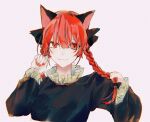  1girl animal_ears braid cat_ears highres holding holding_hair kaenbyou_rin koyomiyoko_o light_smile looking_at_viewer nail_polish red_eyes red_nails redhead simple_background solo touhou twin_braids twintails upper_body white_background 