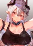  1girl arito_arayuru arknights armpit_peek black_choker black_collar black_tank_top blush breasts breasts_apart choker collar crop_top ear_piercing eyebrows_visible_through_hair highres horns long_hair mudrock_(arknights) open_mouth outstretched_arms piercing pointy_ears reaching_out red_eyes silver_hair solo sports_bra sweat tank_top 