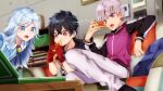  3boys :d black_footwear black_hair blue_eyes blurry blurry_background bookshelf brooch couch eating food gloves grey_hair highres hood hood_down indoors iwakiyamayukisatoshironanogojuurokushi_akira jacket jewelry kemono_jihen kinonuketa_ika kusaka_kabane long_hair long_sleeves male_focus multiple_boys open_mouth pants pizza pizza_box purple_jacket red_eyes red_gloves silver_hair sitting smile tademaru_shiki twitter_username violet_eyes white_pants 