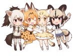  4girls :d :o ;d aardwolf_(kemono_friends) aardwolf_ears aardwolf_print aardwolf_tail african_wild_dog_(kemono_friends) african_wild_dog_print animal_ears animal_print arm_up bangs bare_legs black_hair blonde_hair bodystocking boots bow bowtie breast_pocket brown_hair cat_ears cat_girl cat_tail chibi collared_shirt cutoffs dog_girl dog_tail elbow_gloves extra_ears eyebrows_visible_through_hair full_body gloves grey_hair hands_up high-waist_skirt high_ponytail kemono_friends kneehighs layered_sleeves legwear_under_shorts long_hair long_sleeves looking_at_viewer medium_hair miniskirt multicolored_hair multiple_girls necktie one_eye_closed open_mouth orange_eyes orange_hair outstretched_arm pantyhose parted_lips pocket ponytail print_bow print_gloves print_legwear print_neckwear print_shirt print_skirt sand_cat_(kemono_friends) sand_cat_print serval_(kemono_friends) serval_ears serval_girl serval_print serval_tail shirt shoes short_over_long_sleeves short_sleeves shorts side-by-side simple_background skirt sleeveless sleeveless_shirt smile tail two-tone_hair white_background 