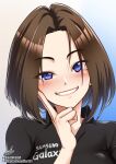  1girl absurdres artist_name black_shirt blue_eyes blush brown_hair chanakim face grin half-closed_eye highres looking_at_viewer mole mole_under_eye samsung samsung_sam shirt short_hair signature smile solo 