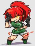  1girl bangs black_gloves chibi crazy_eyes crop_top cropped_jacket dark_persona earrings fang gloves green_jacket green_shorts high_ponytail ibara. jacket jewelry leona_heidern looking_at_viewer midriff military military_uniform orochi_leona ponytail redhead shorts snk soldier solo the_king_of_fighters the_king_of_fighters_&#039;97 triangle_earrings uniform white_background yellow_eyes 