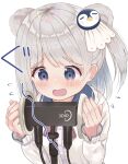  1girl animal_ears binaural_microphone blush character_request collared_shirt dress_shirt flying_sweatdrops grey_eyes grey_hair hands_up indie_virtual_youtuber long_sleeves mimikaki_(men_bow) one_side_up open_mouth penguin_hair_ornament shirt simple_background sleeves_past_wrists solo upper_body virtual_youtuber wavy_mouth white_background white_shirt 