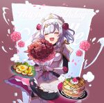  1girl :d armor armored_dress blush bouquet braid braided_bangs closed_eyes dress flower food gauntlets genshin_impact hair_flower hair_ornament happy_birthday highres holding holding_bouquet licialurie maid_headdress noelle_(genshin_impact) open_mouth pancake pauldrons red_dress red_flower red_rose rose short_hair shoulder_armor silver_hair smile solo 