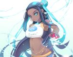  1girl aqua_hair armband belly_chain blue_eyes blue_hair breasts bun_cover commentary dark_skin eyeliner gym_leader hair_bun highres holding holding_poke_ball jewelry long_hair looking_at_viewer makeup mascara midriff multicolored_hair navel nessa_(pokemon) parted_lips poke_ball poke_ball_(basic) pokemon pokemon_(game) pokemon_swsh shiki_(psychedelic_g2) solo sports_bra standing twitter_username two-tone_hair upper_body very_long_hair water wet white_sports_bra 