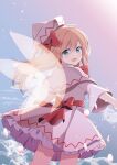 1girl absurdres aqua_eyes blonde_hair bow capelet cherry_blossoms clouds dress fairy_wings floating_hair fujishiro_emyu hat highres lily_white long_hair long_sleeves looking_at_viewer outstretched_arms sky smile solo touhou transparent_wings white_capelet white_dress white_headwear wind wings 