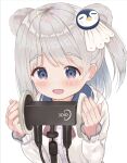  1girl :d animal_ears binaural_microphone blush character_request collared_shirt commentary_request dress_shirt grey_eyes grey_hair hands_up indie_virtual_youtuber long_sleeves mimikaki_(men_bow) one_side_up open_mouth penguin_hair_ornament shirt simple_background sleeves_past_wrists smile solo upper_body virtual_youtuber white_background white_shirt 