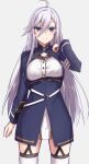  1girl 86_-eightysix- ahoge bangs blue_eyes blue_jacket blush breasts elfenlied22 jacket large_breasts long_hair long_sleeves looking_at_viewer military military_uniform silver_hair smile solo thigh-highs uniform vladilena_millize white_legwear 