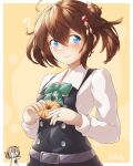  2girls ahoge alternate_hairstyle arthur_ko black_dress blue_eyes bow bowtie brown_hair cosplay double_bun dress green_neckwear hair_bun hair_ornament highres kantai_collection long_sleeves michishio_(kancolle) michishio_(kancolle)_(cosplay) multiple_girls pinafore_dress remodel_(kantai_collection) shigure_(kancolle) shirt short_twintails sleeveless sleeveless_dress solo_focus twintails white_shirt 