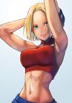  1girl abs armpits bare_shoulders belt blonde_hair blue_eyes blue_mary breasts crop_top fatal_fury fingerless_gloves gloves halter_top halterneck hinoru_saikusa large_breasts looking_at_viewer midriff muscular navel short_hair smile solo straight_hair the_king_of_fighters 