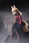  1girl animal_ear_fluff animal_ears bangs belt belt_buckle black_gloves black_legwear black_sweater blonde_hair boots buckle building clouds fog fox_ears fox_girl fox_tail from_side full_body fur_trim gloves grin hair_between_eyes highres long_sleeves migiha original pantyhose sidelocks sitting sky sleeves_past_wrists smile solo sweater tail yellow_eyes 