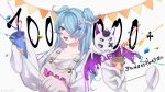  1girl animal_ears bangs black_sclera blue_eyes clenched_hand collarbone colored_sclera confetti dragon dragon_ears dragon_girl elira_pendora extra_eyes fangs gloves grey_gloves grey_overalls hair_over_one_eye highres looking_to_the_side milestone_celebration nijisanji nijisanji_en party_popper pikl_(elira_pendora) sekirou_(taroro_03) single_glove sleeves_past_fingers sleeves_past_wrists smile solo_focus sweater violet_eyes virtual_youtuber white_background white_sweater 