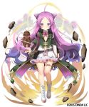 1girl ahoge belt belt_bag book boots character_request commentary_request flat_chest flower flower_knight_girl forehead full_body kurot long_hair navel official_art purple_hair rock simple_background solo standing violet_eyes white_background 