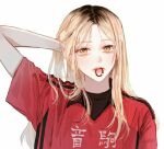  1girl arm_behind_head bad_id bad_twitter_id basketball_uniform black_hair blonde_hair boychaaa collared_shirt genderswap genderswap_(mtf) gradient_hair haikyuu!! hair_tie_in_mouth jersey kanji kozume_kenma long_hair manhwa mouth_hold multicolored_hair protected_link roots shirt solo sportswear translation_request yellow_eyes 