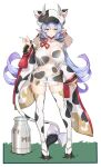  1girl absurdres animal_ears animal_print blue_hair bow breasts cow_ears cow_hat cow_print cow_tail draph granblue_fantasy highres horns large_breasts long_hair milk_churn navel see-through serin199 shatola_(granblue_fantasy) short_shorts shorts tail tail_bow tail_ornament thigh-highs violet_eyes wide_sleeves 