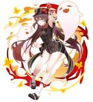  1girl 32103088 brown_hair bug butterfly closed_eyes fire full_body genshin_impact ghost hat highres hu_tao_(genshin_impact) insect jewelry legs long_sleeves outstretched_hand red_eyes ring short_shorts shorts simple_background socks solo standing tachi-e tailcoat twintails white_background 