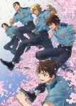  5boys :d amuro_tooru bangs belt black_belt black_eyes black_footwear black_hair black_pants blonde_hair blue_eyes blue_shirt brown_hair cherry_blossoms closed_mouth collared_shirt commentary_request date_wataru falling_petals flower from_side grin hagiwara_kenji hair_between_eyes happy indesign jumping looking_at_viewer looking_to_the_side male_focus matsuda_jinpei meitantei_conan multiple_boys open_mouth pants petals pink_flower police police_uniform policeman scotch_(meitantei_conan) shirt shirt_tucked_in shoes short_hair short_sleeves signature smile socks uniform white_legwear 