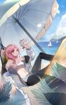  1girl absurdres arknights arm_up bangs bare_shoulders beach beach_umbrella black_pants blue_eyes blue_poison_(arknights) blue_poison_(shoal_beat)_(arknights) blue_shorts blue_sky boat breasts camisole chinese_commentary clouds commentary_request crop_top day eyebrows_visible_through_hair hammock highres holding jacket knee_up leggings long_hair long_sleeves looking_at_viewer midriff navel off_shoulder open_clothes open_jacket outdoors pants parted_lips pink_hair shenyuheimao short_shorts shorts sky small_breasts solo spaghetti_strap sports_bra stomach strap_slip umbrella watercraft white_jacket 