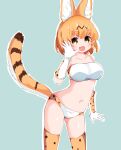  1girl :d animal_ear_fluff animal_ears berusa_(berutoo) blue_background bra breasts collarbone contrapposto cowboy_shot elbow_gloves fang gloves highres kemono_friends large_breasts looking_at_viewer navel open_mouth orange_hair outline panties serval_(kemono_friends) serval_ears serval_print serval_tail short_hair simple_background skin_fang smile solo tail thigh-highs underwear white_outline yellow_eyes 